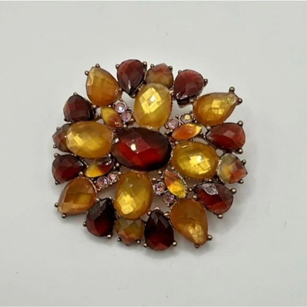 Liz Claiborne Bronze Red Crystal Brooch Fashion Jewelry Statement Piece - Picture 1 of 4